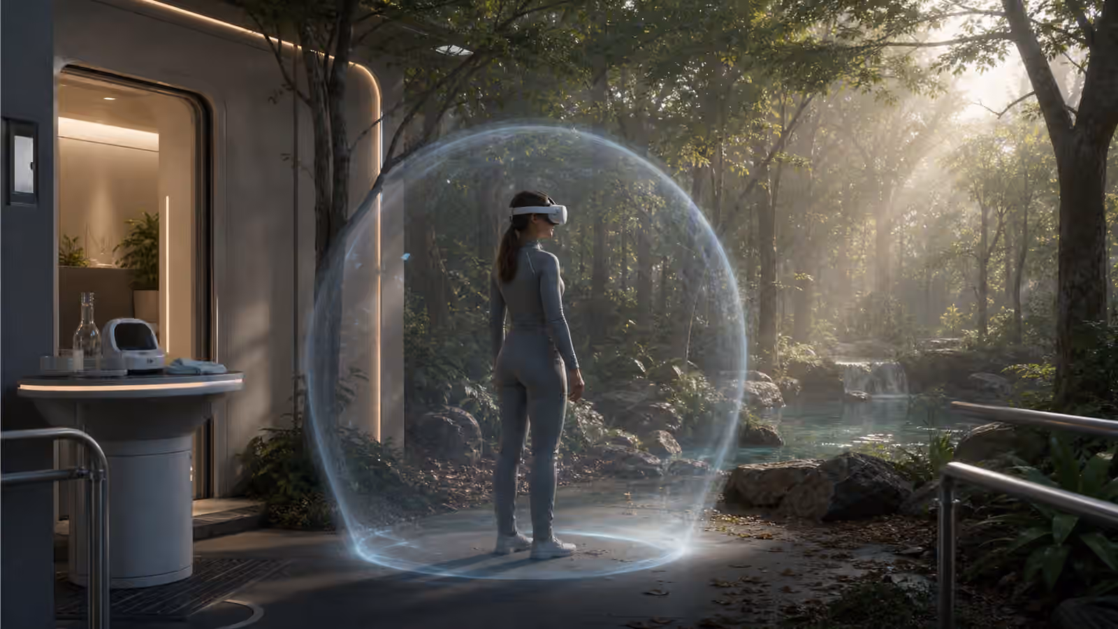 A full dive VR forest scene held in a calm pause state with a soft boundary around the user.