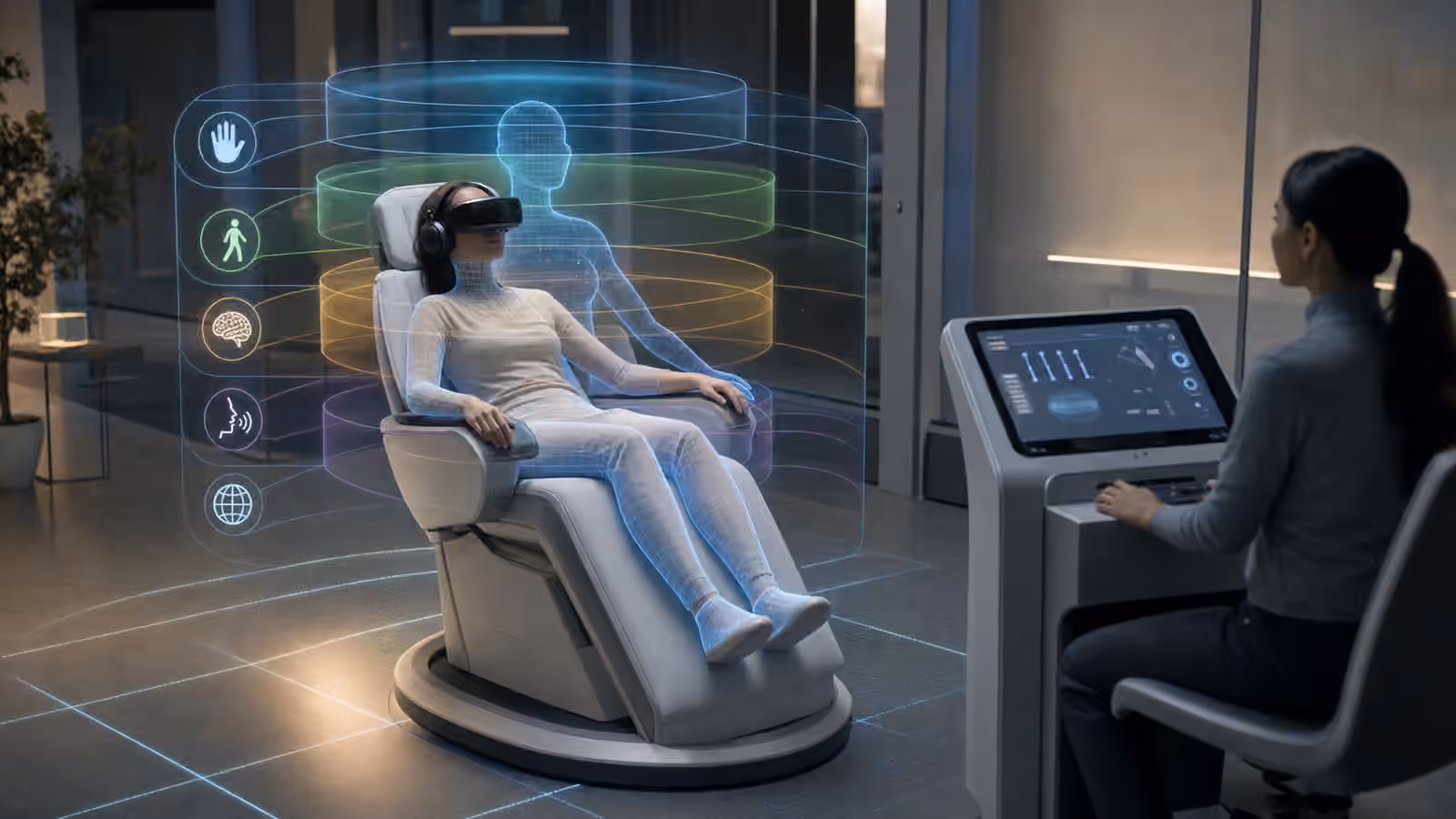 A participant in a full dive chair surrounded by abstract permission layers while a facilitator monitors unreadable controls.
