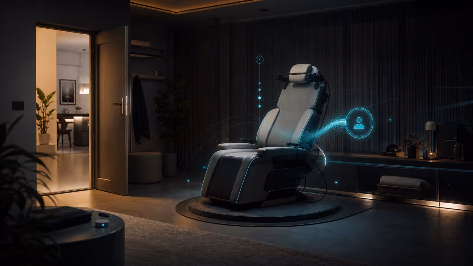 An empty full dive VR chair beside an open real-world doorway with soft attention handoff cues.