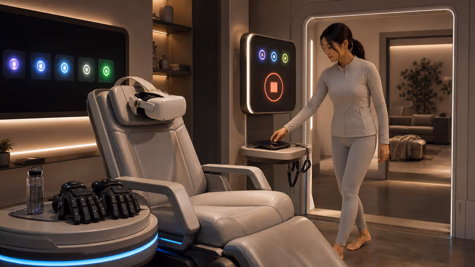 A quiet full dive VR alcove with a chair, gloves, status lights, water, and a clear doorway before entry.