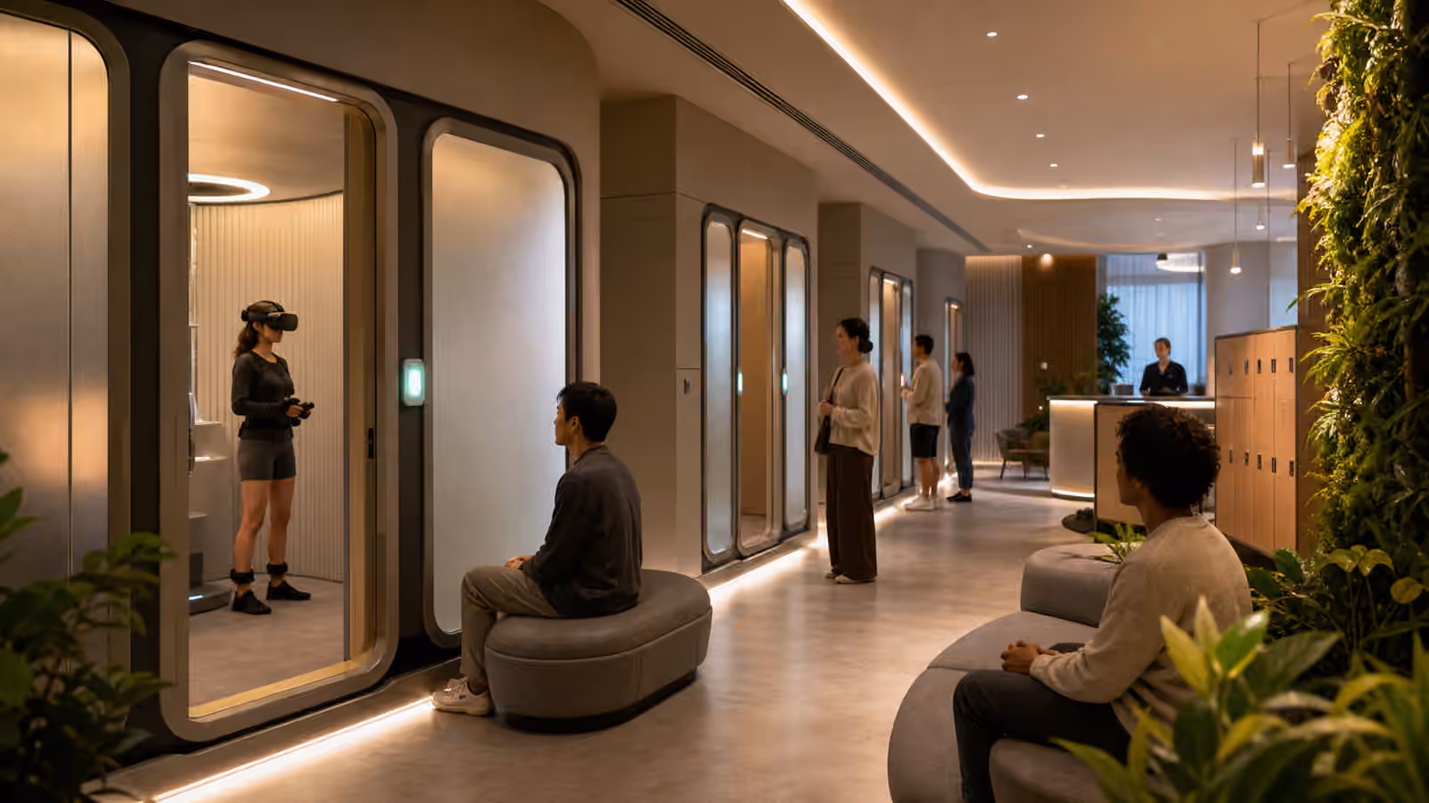 A calm public full dive VR facility with private immersion rooms, lockers, seating, and soft status lights.