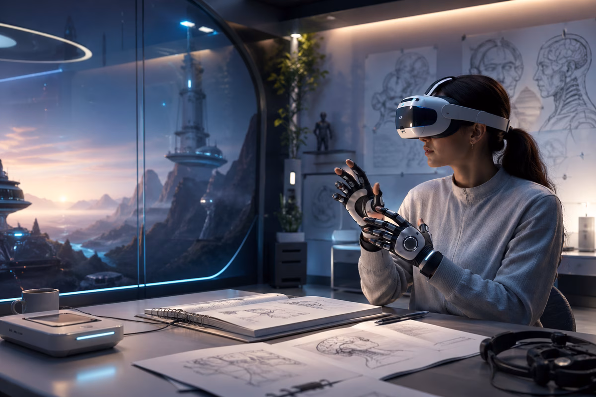 A calm futuristic VR room with a lightweight headset, haptic gloves, neural interface sketches, and a soft glowing virtual landscape reflected on glass, realistic editorial technology photography, no readable text
