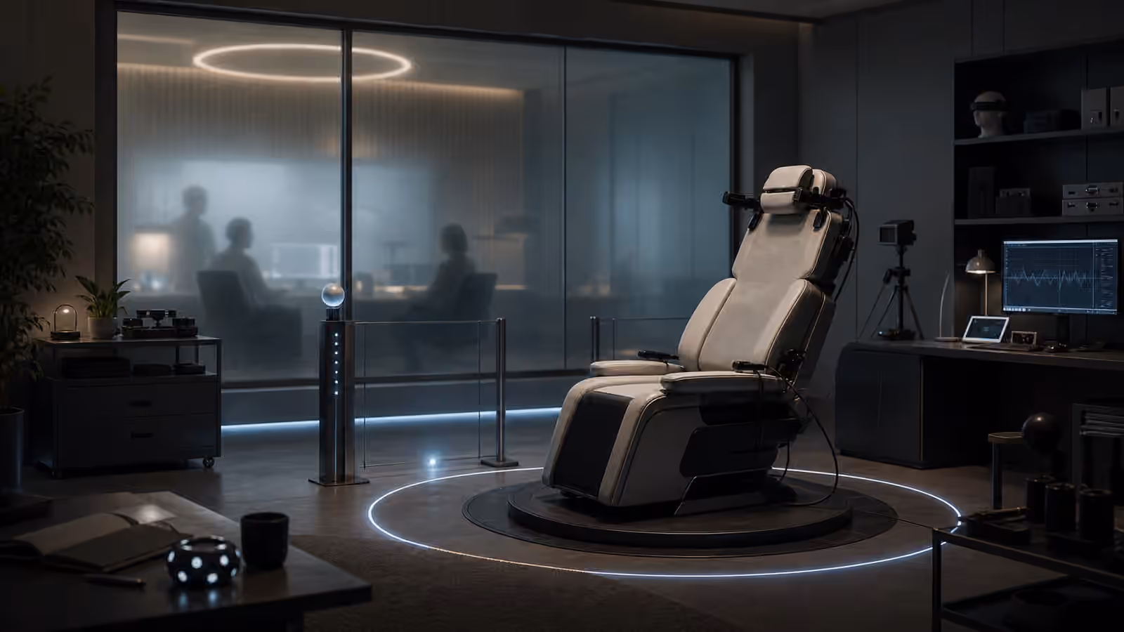 A full dive VR prototype testing room with an empty chair and a separated observation area.