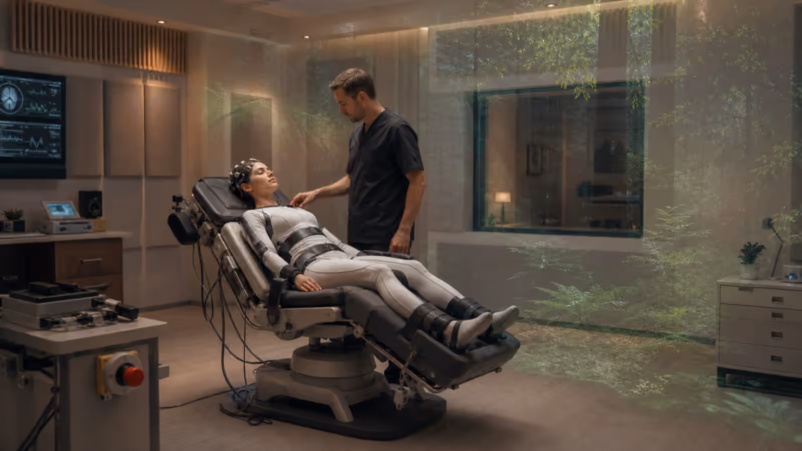 A full dive participant reclines in a monitored immersion suite while a facilitator checks physical safety.