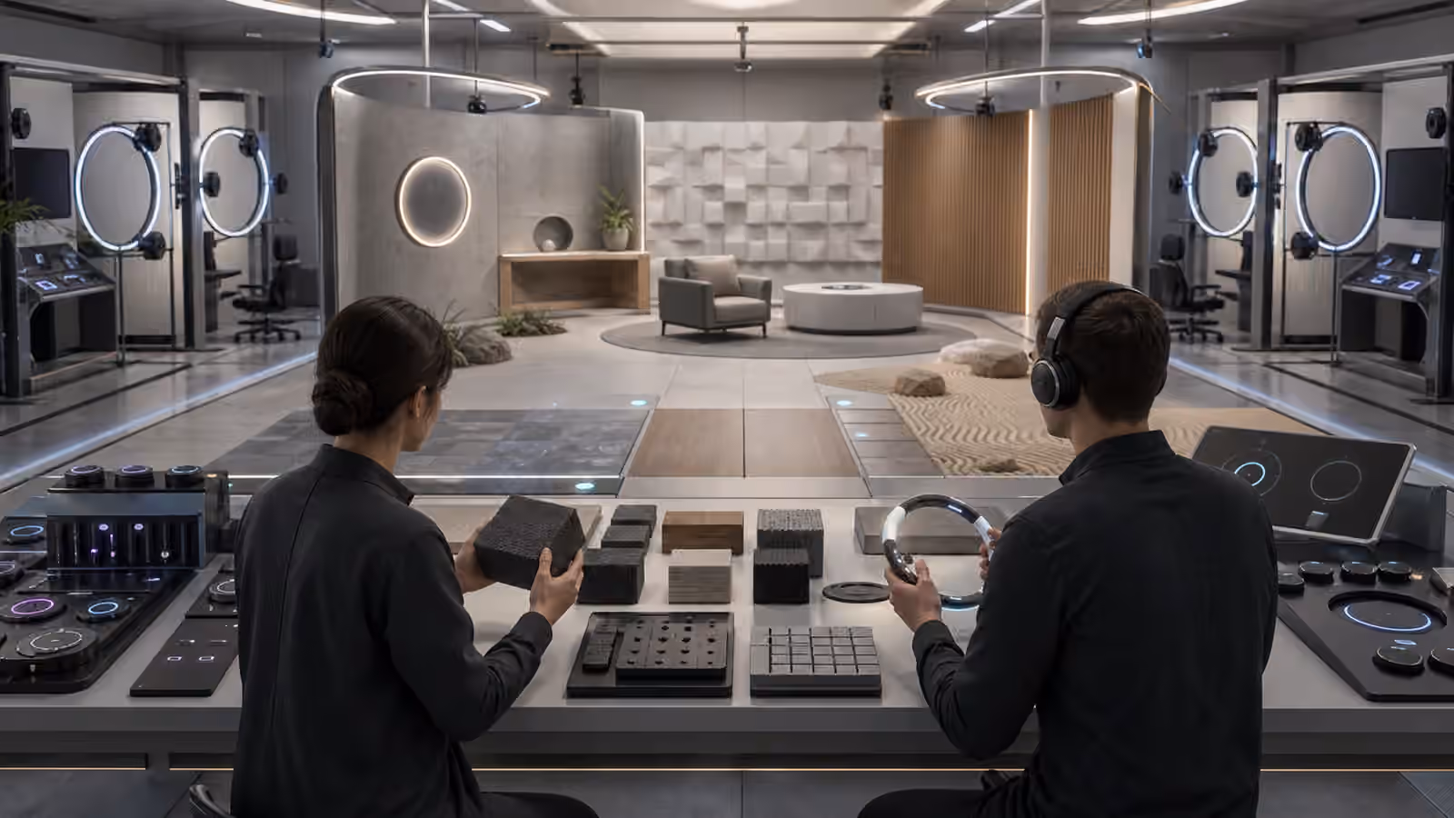 A near-future sensory QA lab with haptic samples, acoustic panels, calibration rings, and a prototype virtual room.
