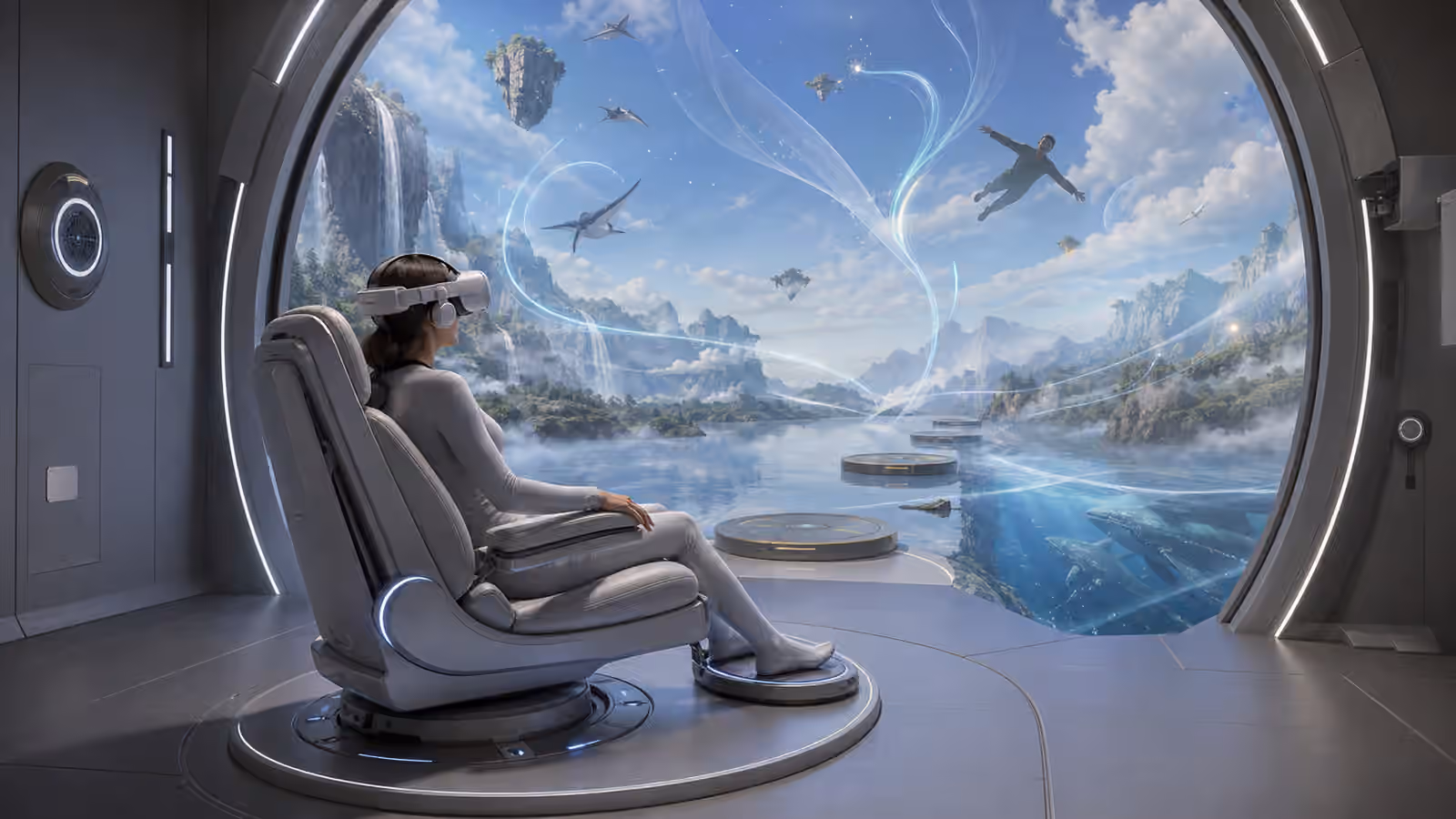 A full dive chair opening toward a virtual landscape of flight, water, floating platforms, and sensory light ribbons.