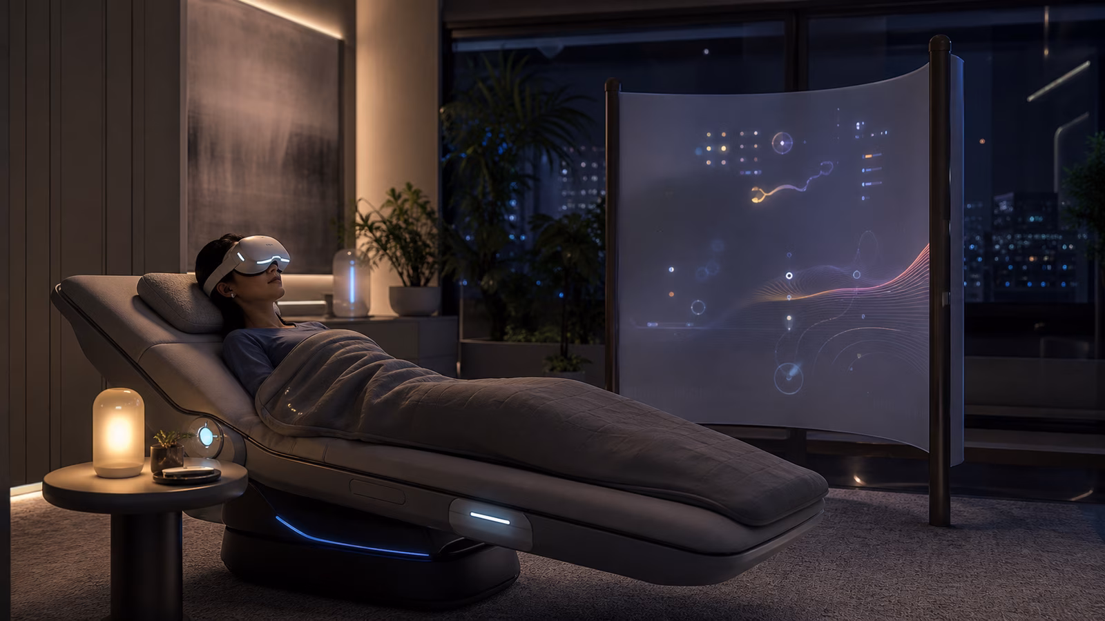 A quiet near-future full dive VR recovery room with a reclined couch, noninvasive headset, haptic blanket, privacy screen, and soft night lighting.