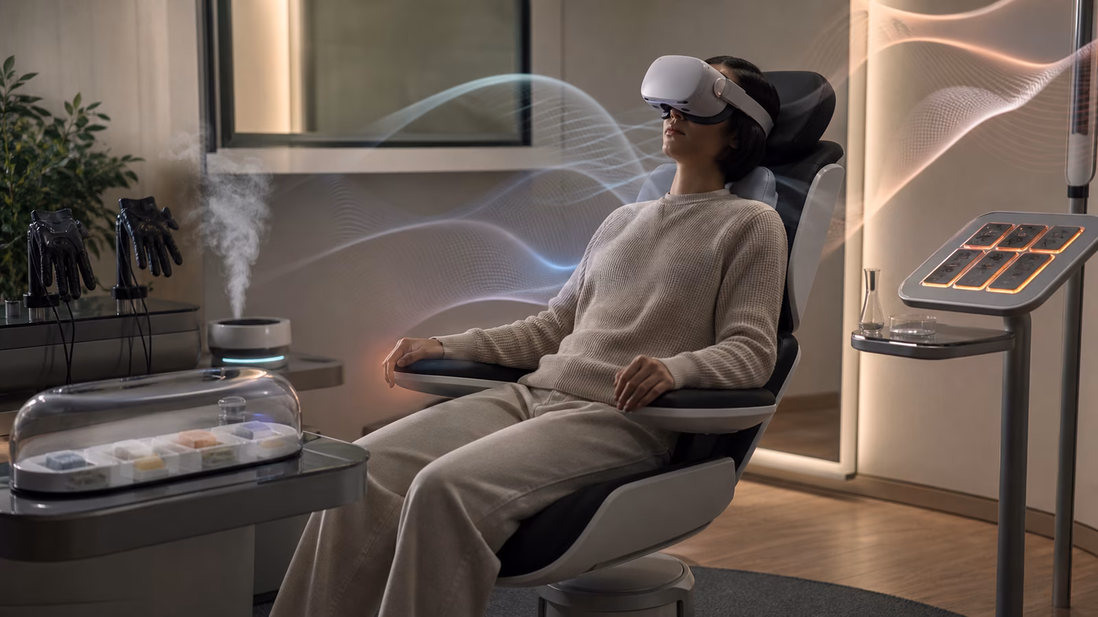 A participant in a sensory calibration room with scent vapor, flavor samples, thermal panels, haptic gloves, and soft abstract waveforms