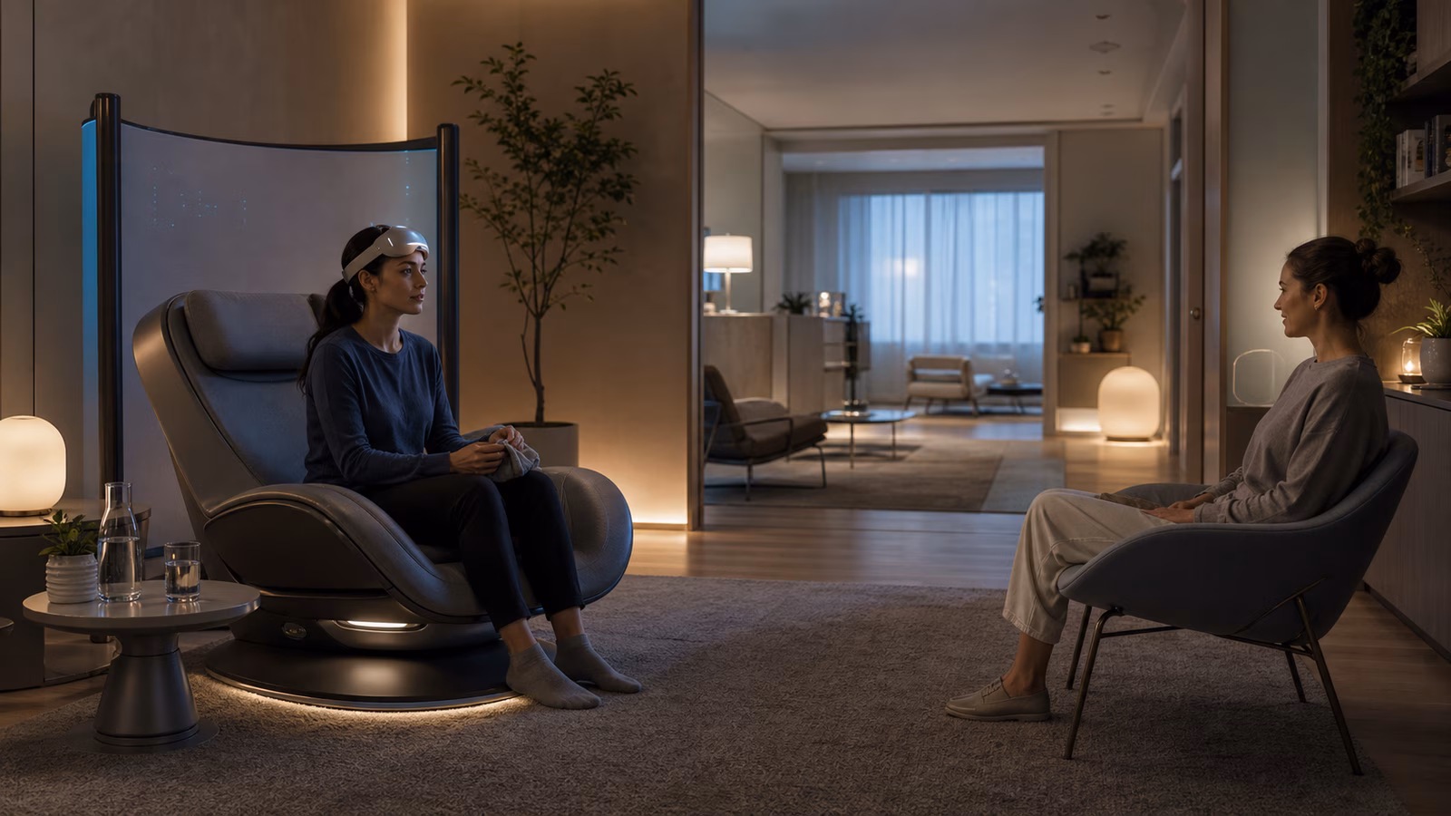 A quiet full dive VR recovery lounge where a participant sits upright after immersion while another person waits at a respectful distance.