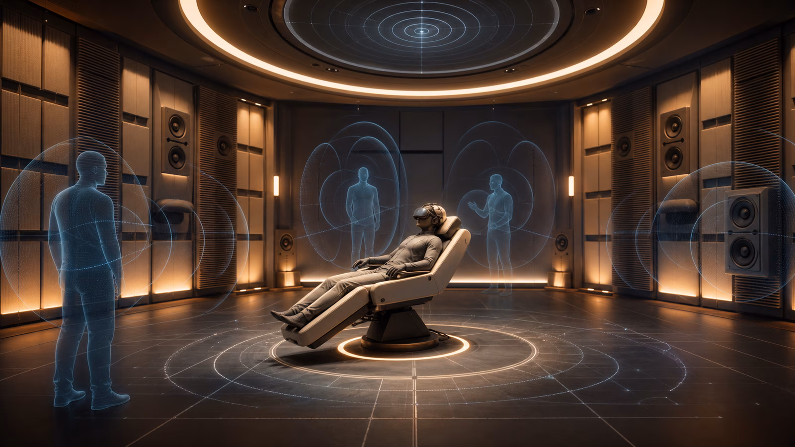 A calm full dive VR acoustic calibration room with a neural-interface chair, speaker panels, and holographic sound fields.