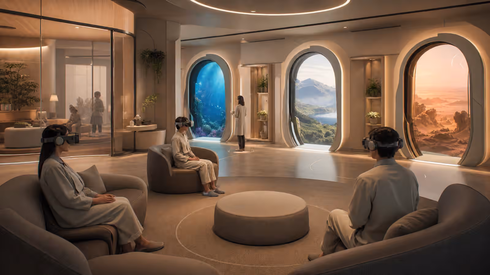 A calm full dive VR lobby with seated users, support staff, and soft portals into different virtual worlds.