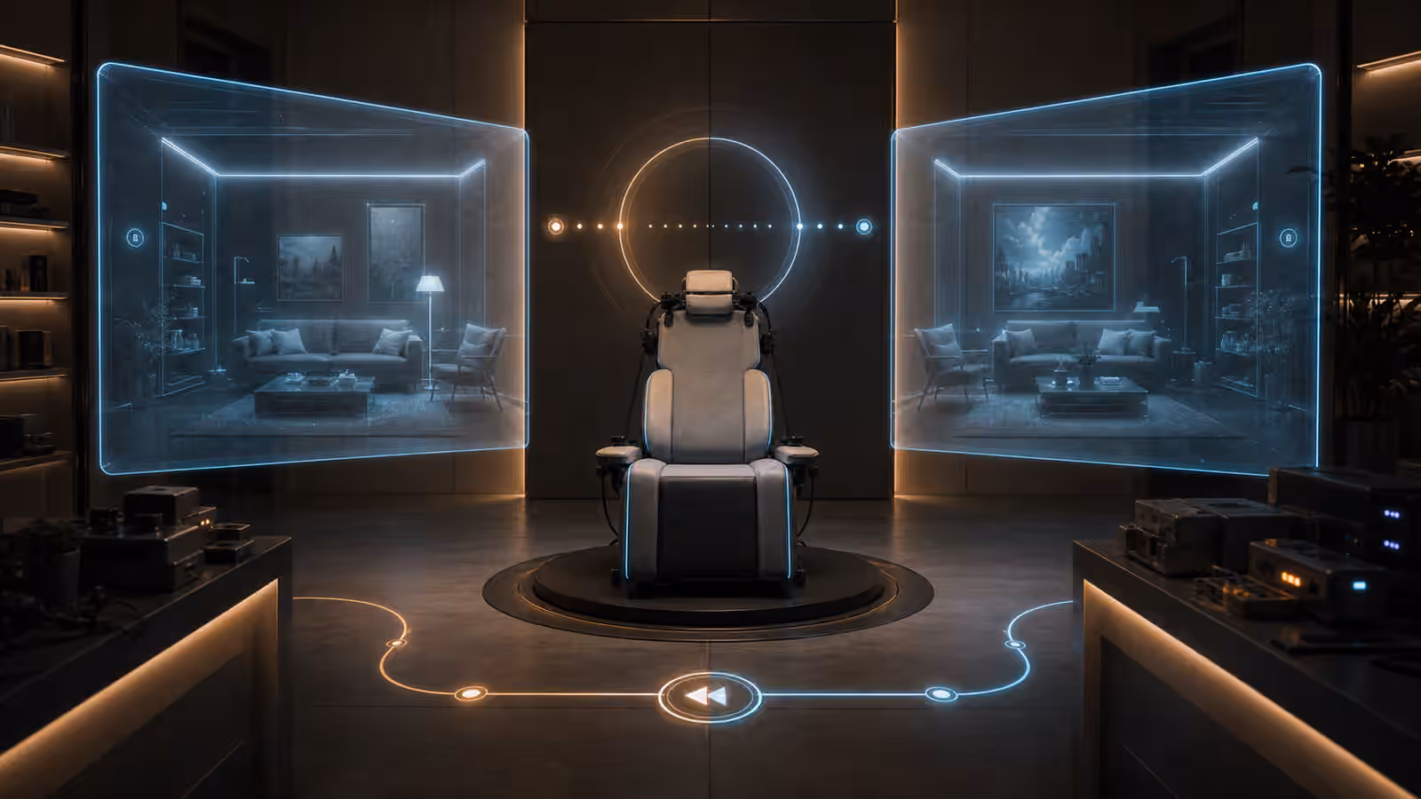 A full dive VR chair between two translucent versions of the same virtual room.
