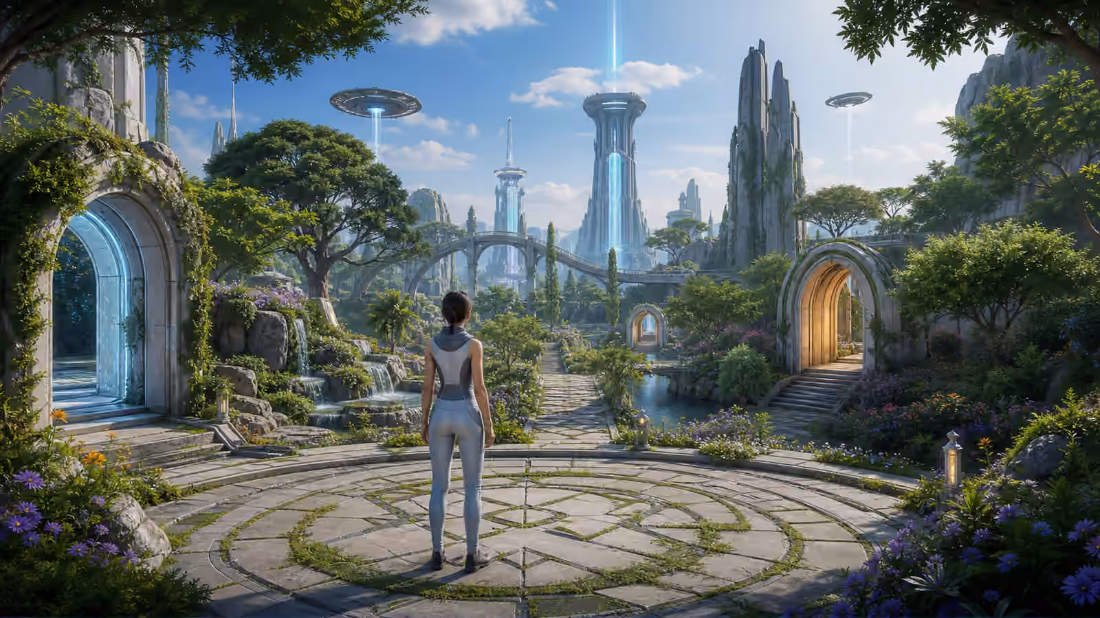 A full dive VR garden city with clear paths, landmarks, bridges, towers, and soft exit arches.