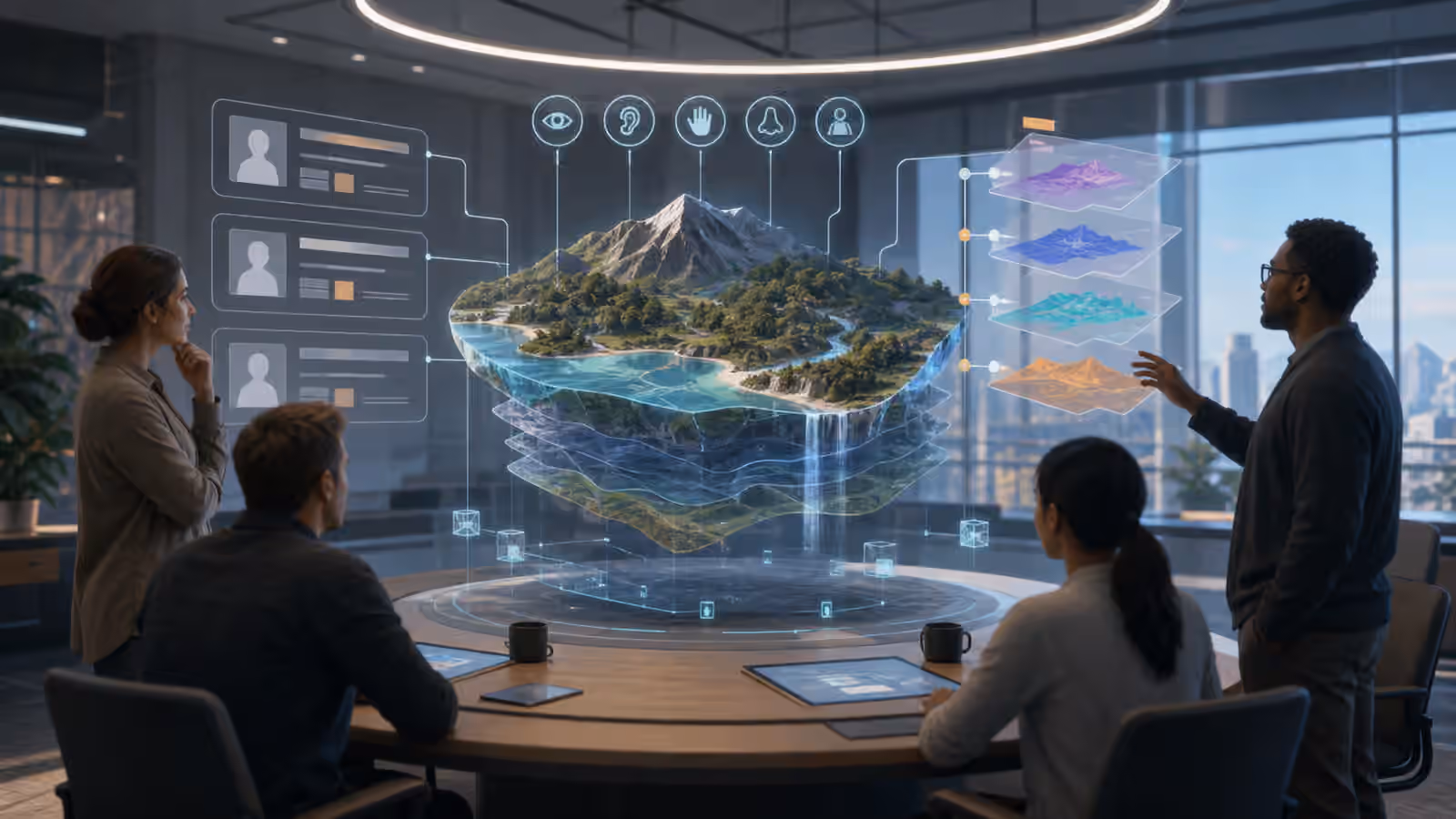 A full dive VR review studio with a floating virtual landscape model, version layers, and abstract creator provenance markers.
