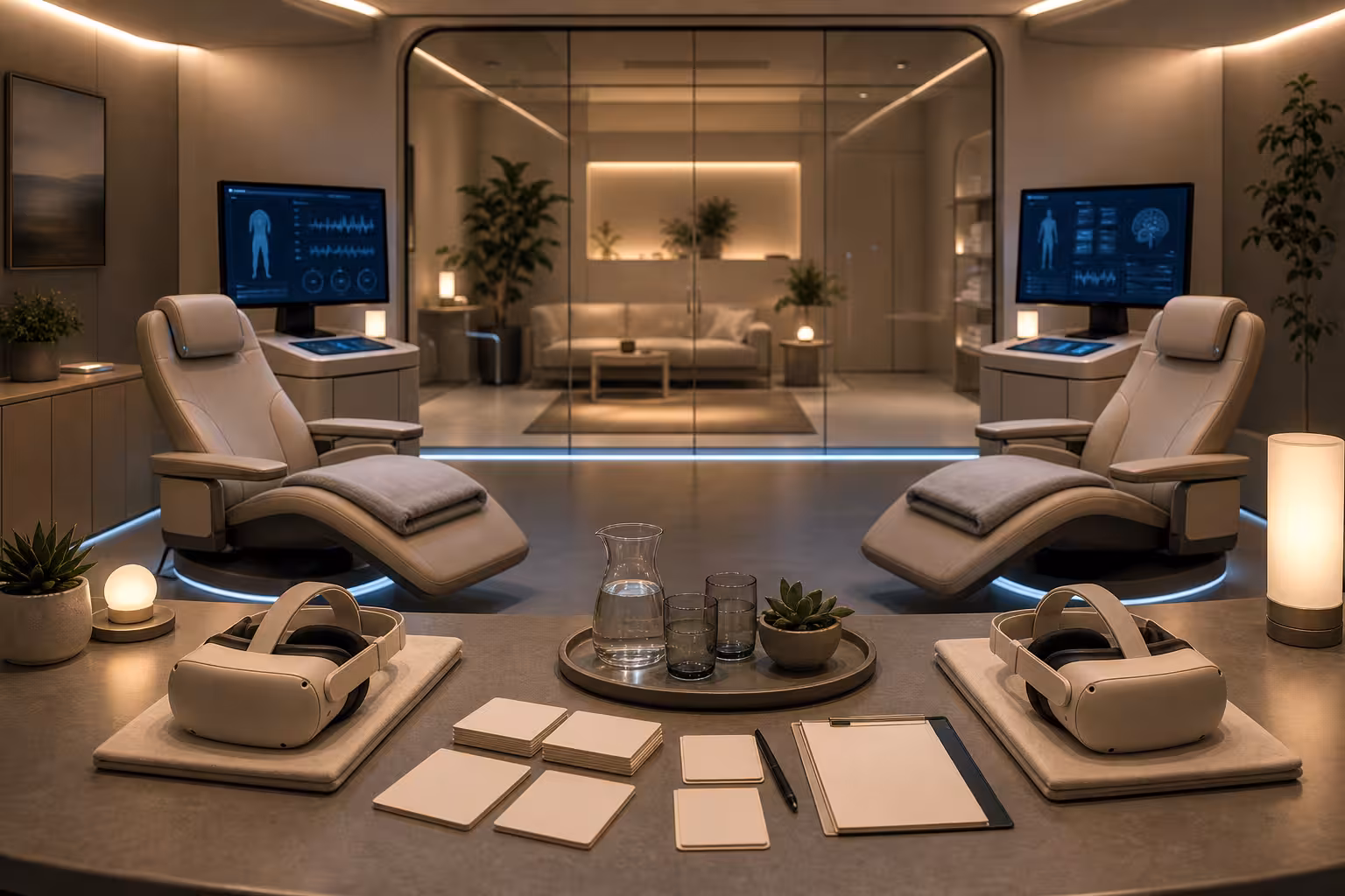 A calm full dive VR social session preparation room with paired reclining interface chairs, unreadable monitors, blank consent cards, headsets, and a recovery area