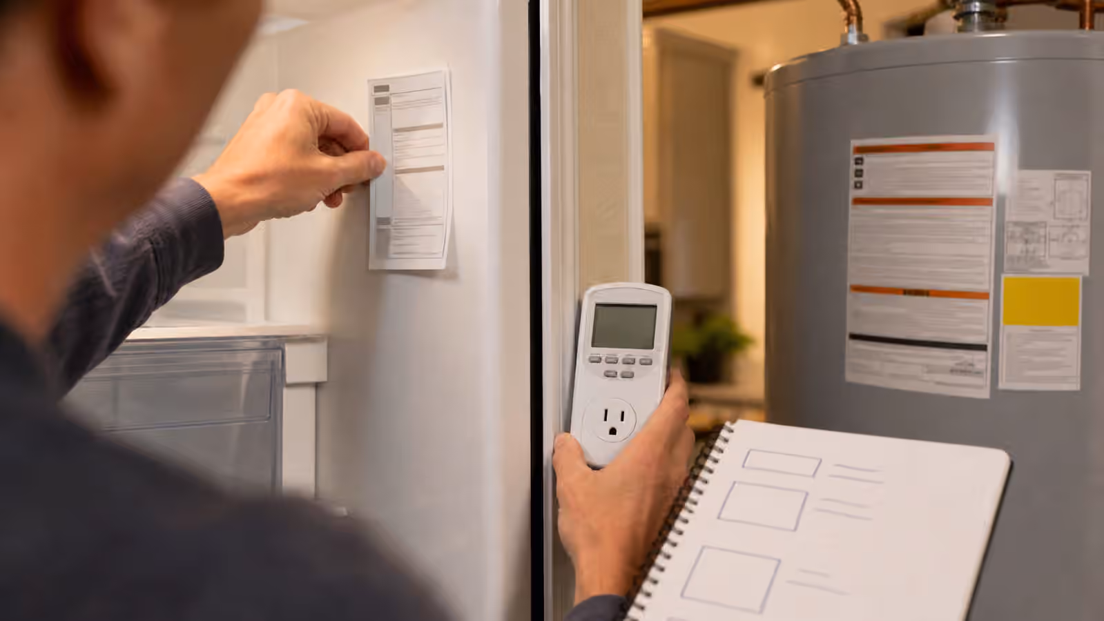 A utility room with appliance labels, a plug-in energy meter, and a planning notebook.