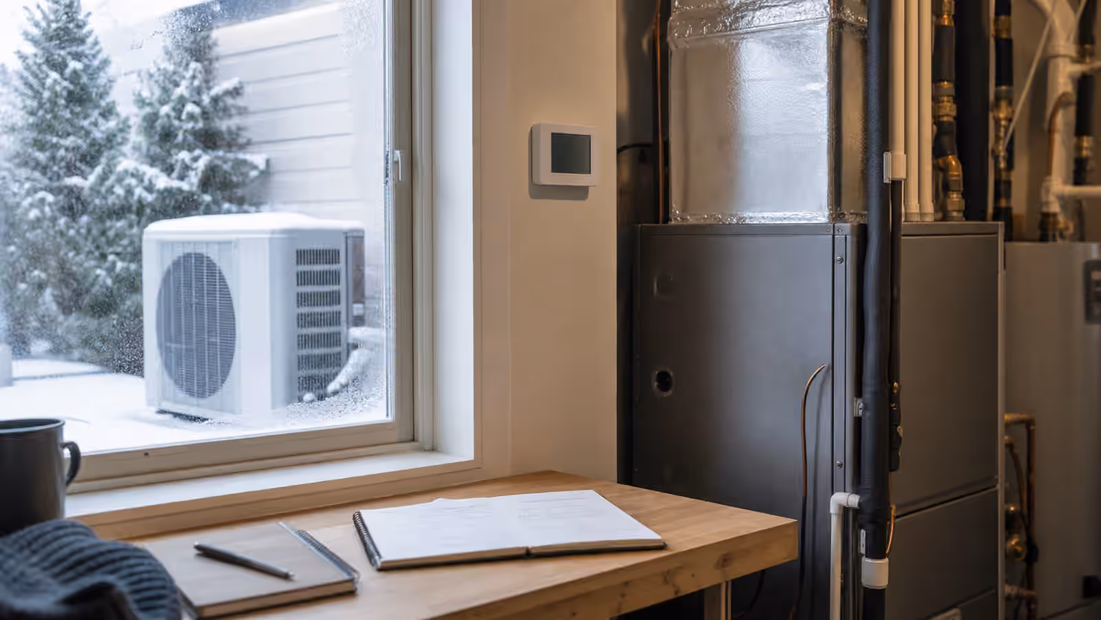 A winter utility room with heat pump equipment, a blank thermostat, and an outdoor unit visible through a frosty window.