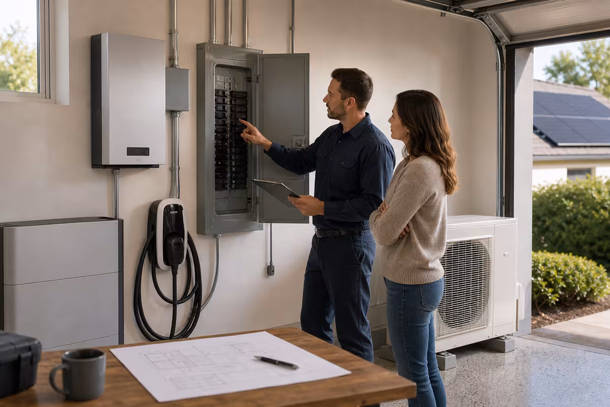 A homeowner and electrician review an open electrical panel near an EV charger, home battery, heat pump equipment, and a safe utility-room planning table.