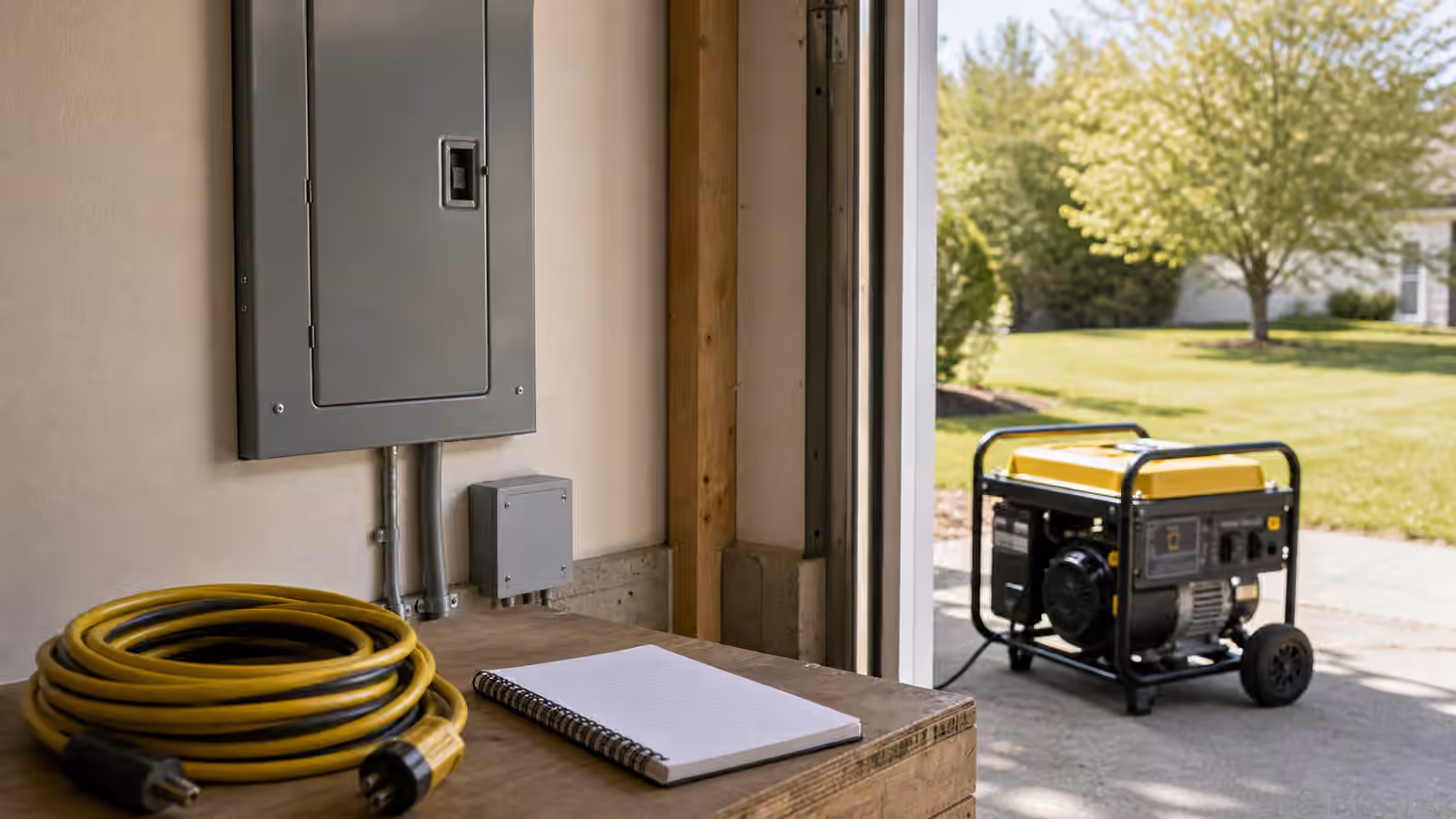 A garage utility area with a closed electrical panel, coiled generator cord, notebook, and generator outside.