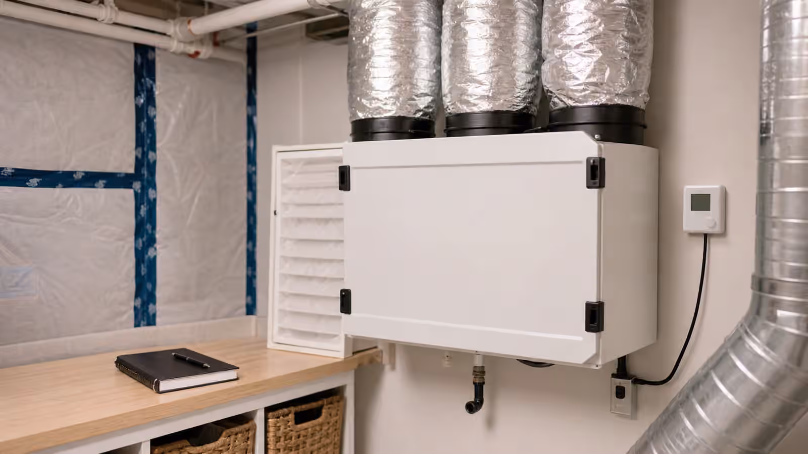 A clean utility room with a heat recovery ventilation unit, insulated ducts, filter panel, and small controller.