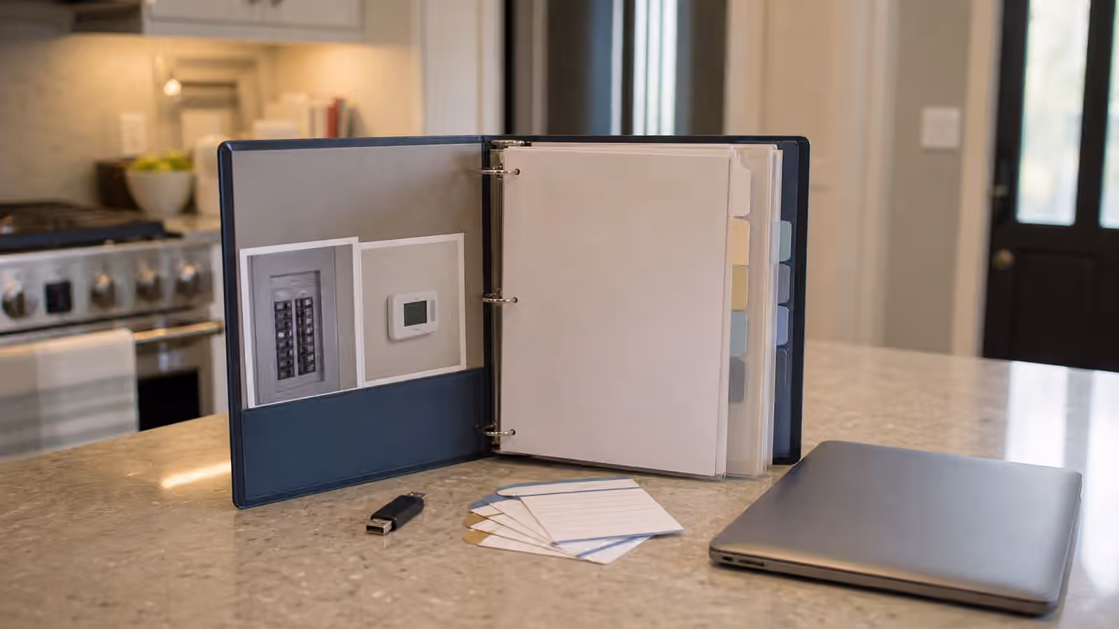 A kitchen counter with blank manuals, a home energy binder, service cards, and a closed laptop.