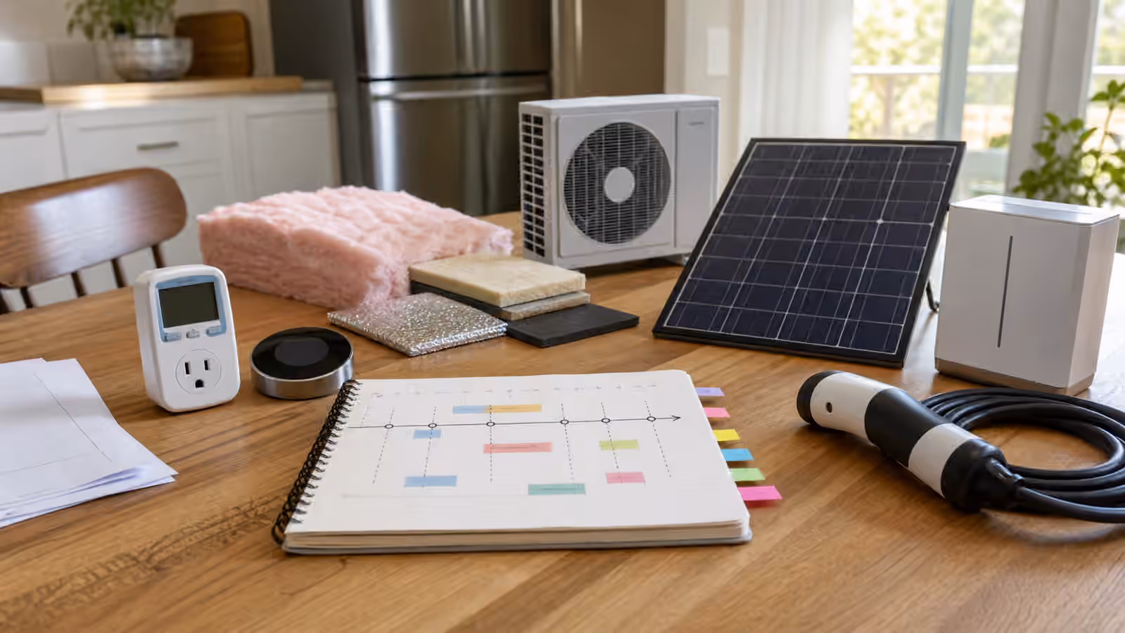 A kitchen table with home energy planning notes, a solar sample, a thermostat, and a charging cable.