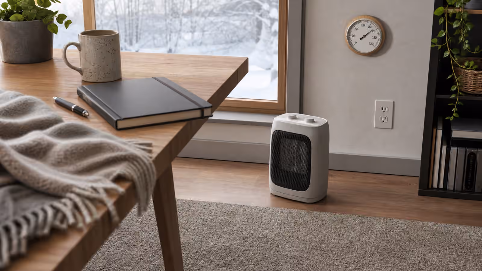 A small unplugged electric space heater near a wall outlet, room thermometer, notebook, and blanket.