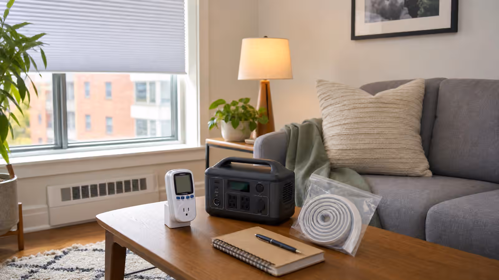 An apartment living room with plug-in energy meter, portable power station, removable window shade, notebook, and lamp.