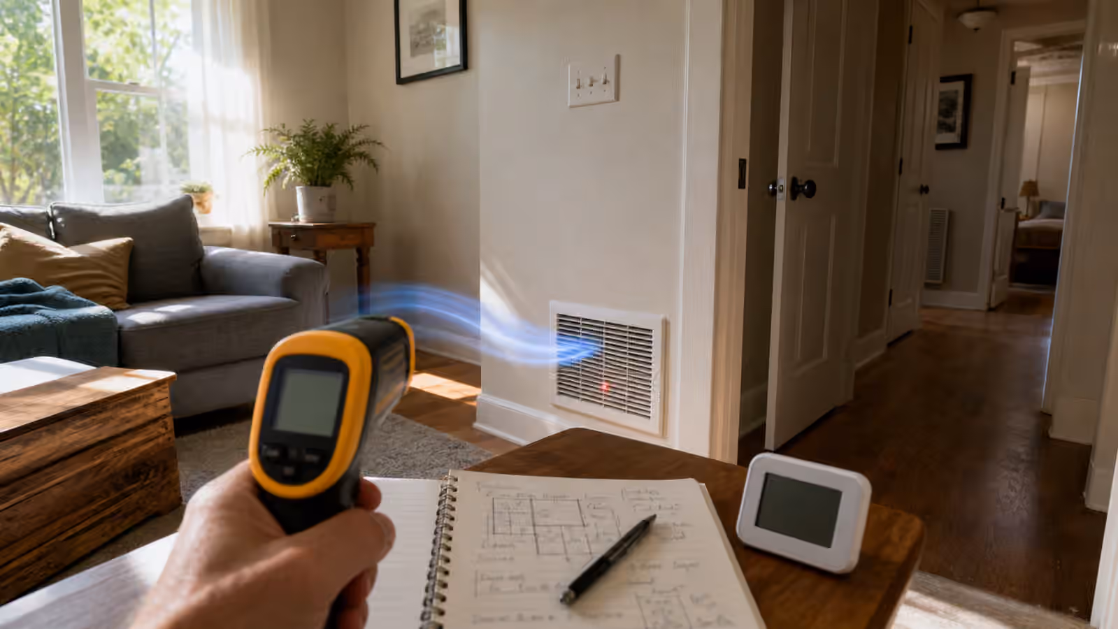 A living room with a thermometer, airflow ribbon, wall vent, window, and notebook.