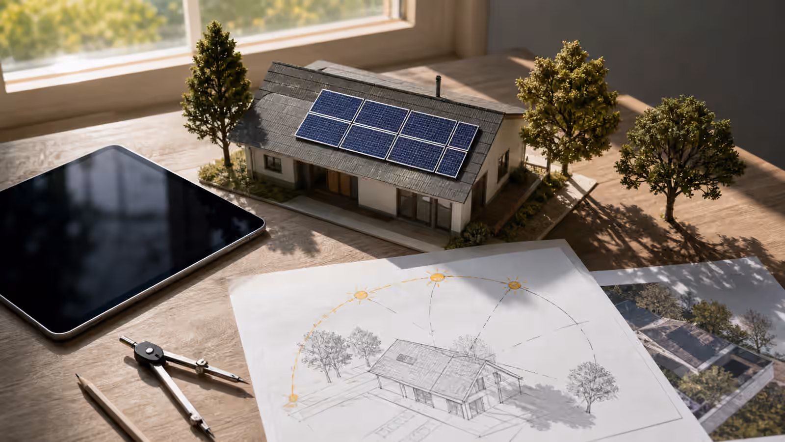 A tabletop roof model with solar panels, miniature trees, a compass, and a simple sun path sketch.