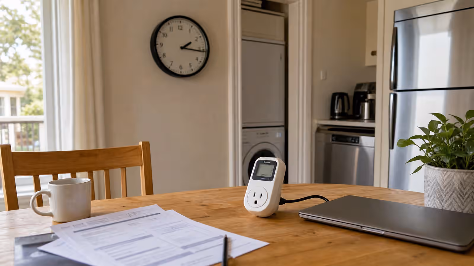 A kitchen table with a clock, unreadable utility bill, plug-in meter, laptop, and nearby appliances.