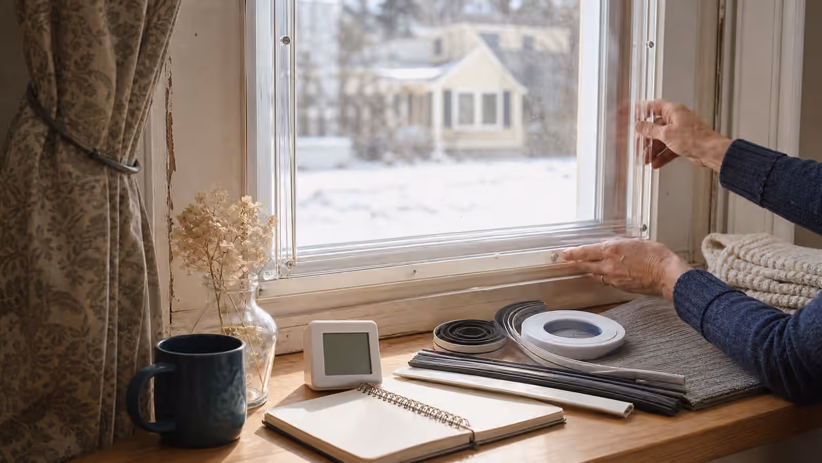 A winter window with an insulating insert, curtains, weatherstripping, and a humidity meter.