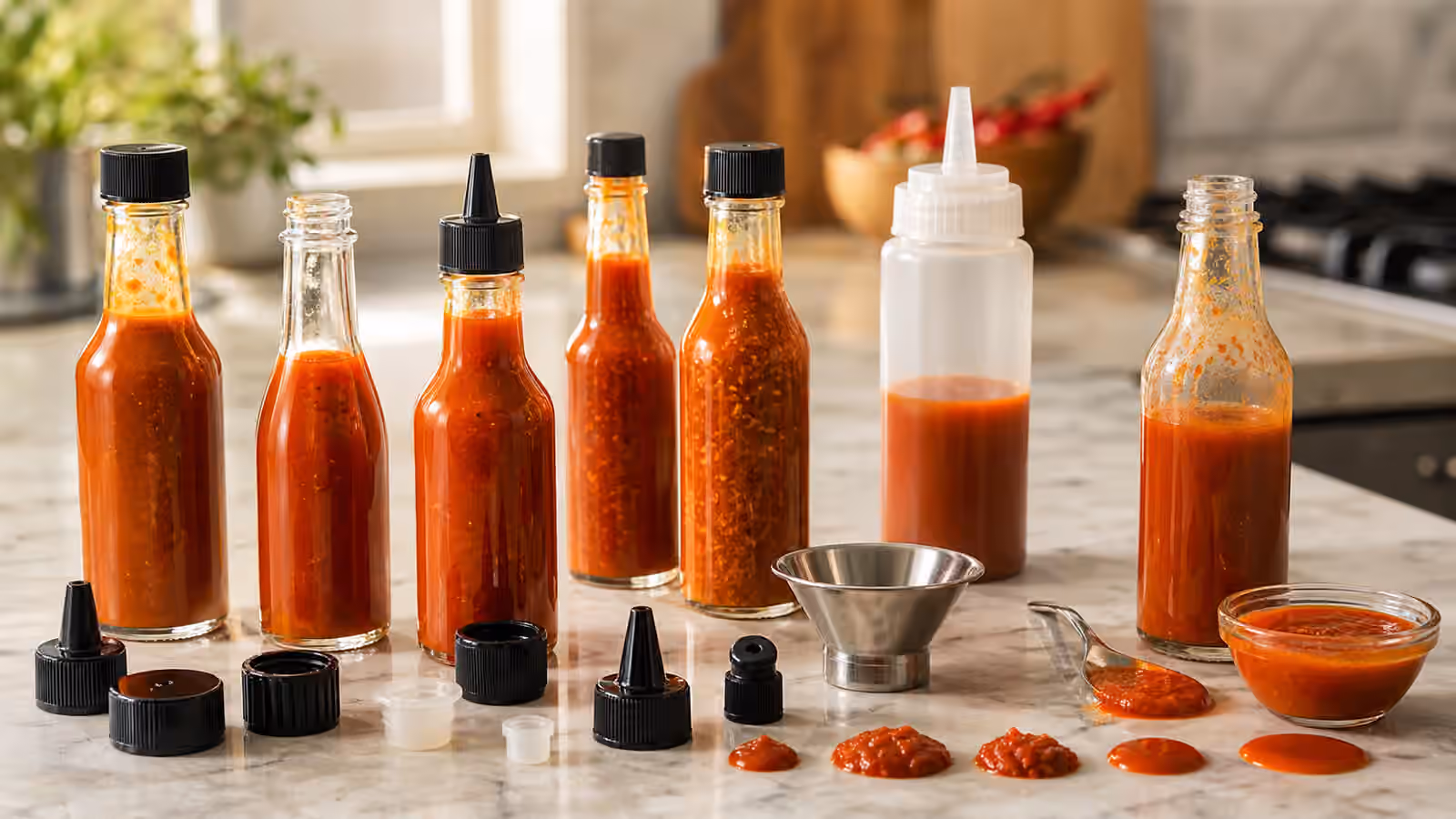 Bottle Necks, Caps, and Pour Control for Hot Sauce