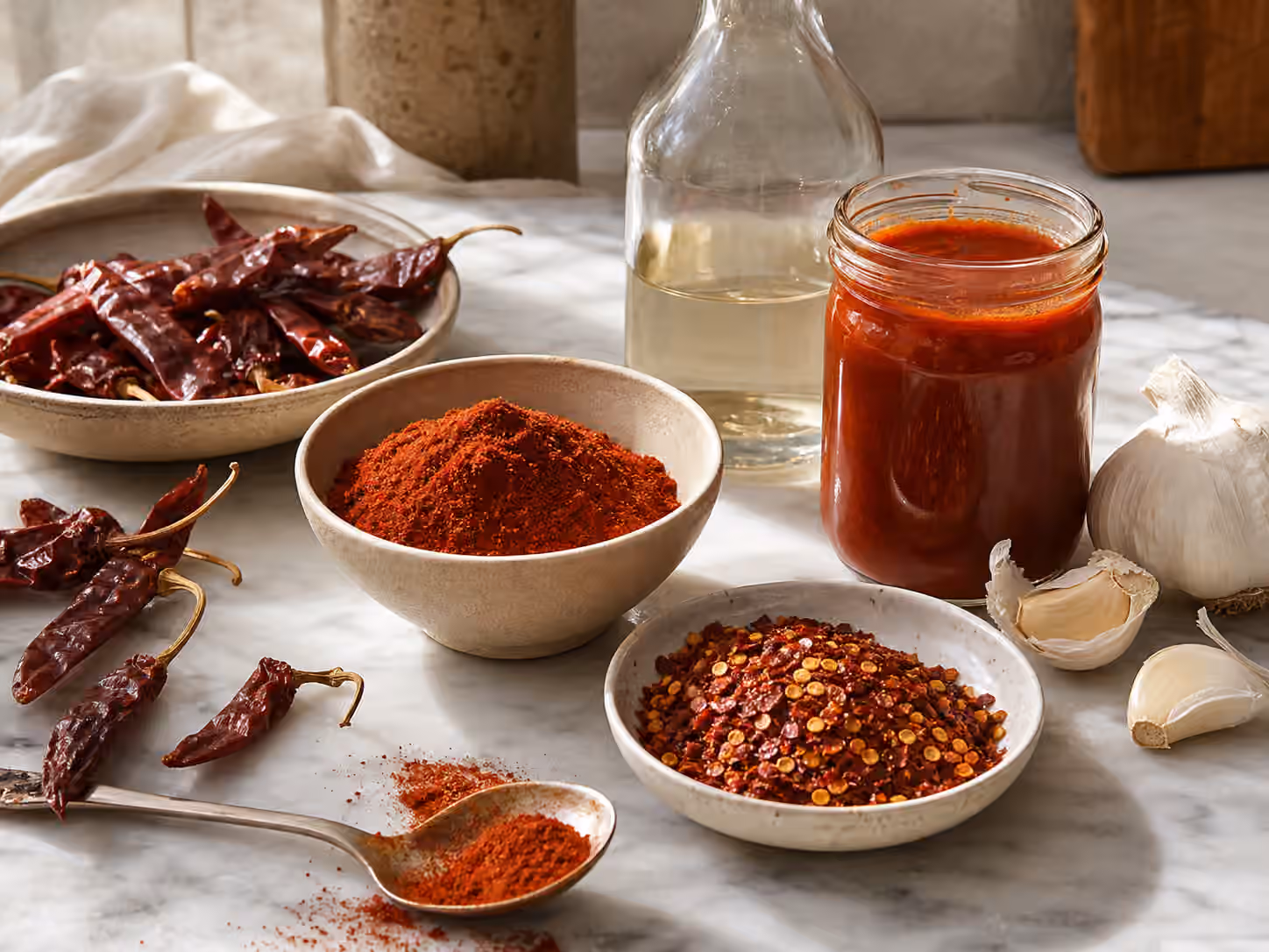 Chile Powder and Flakes in Hot Sauce