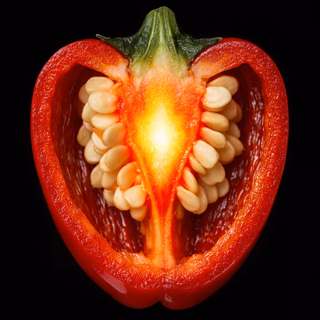 Cross-section of a chili pepper showing internal anatomy: seeds, placenta (pith), and outer flesh, with a heat-map overlay indicating highest capsaicin concentration in the pith, macro photography on dark background