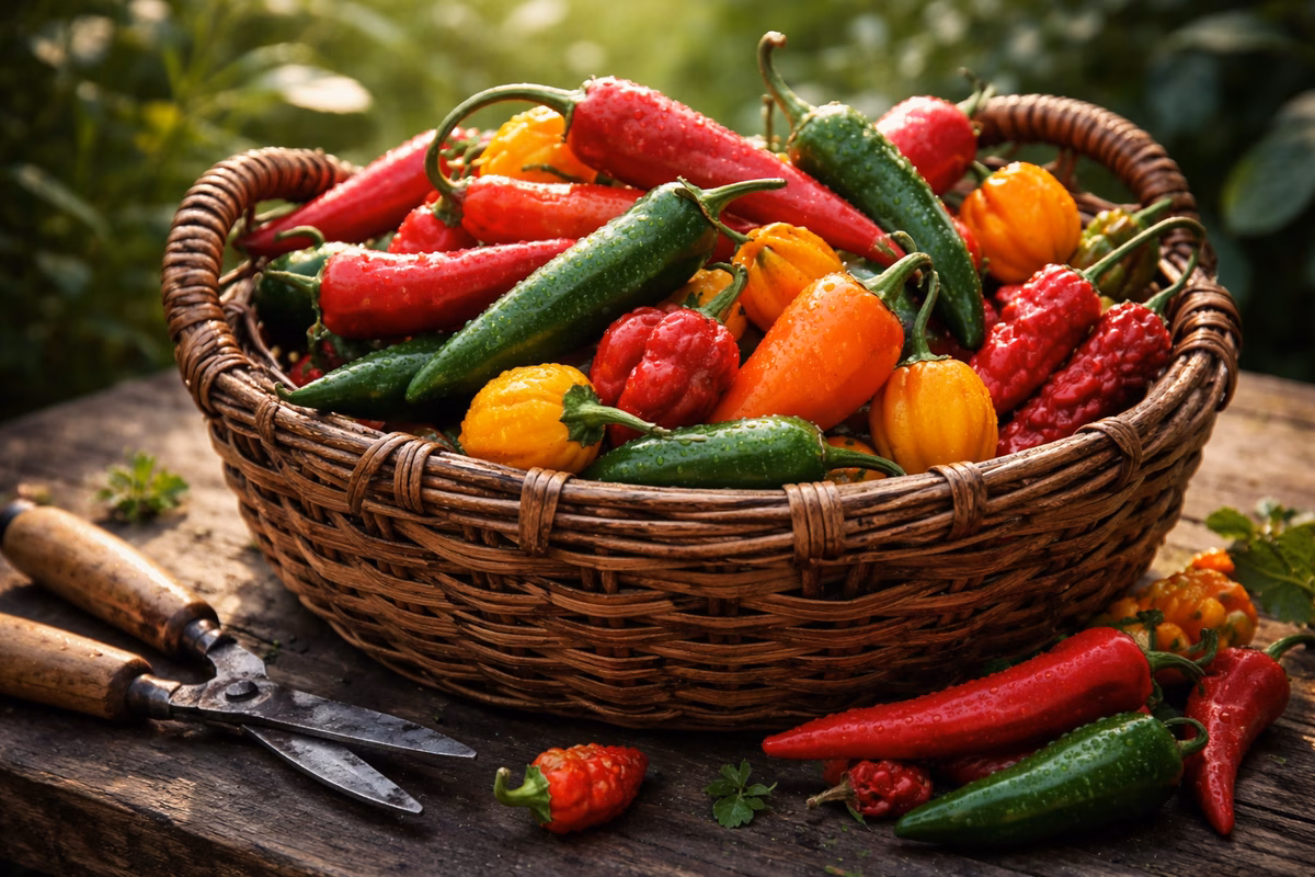 A rustic harvest basket overflowing with freshly picked peppers of various types: red cayennes, green jalapeños, orange habaneros, and wrinkled superhots, garden shears beside the basket, morning dew on the peppers, natural light photography
