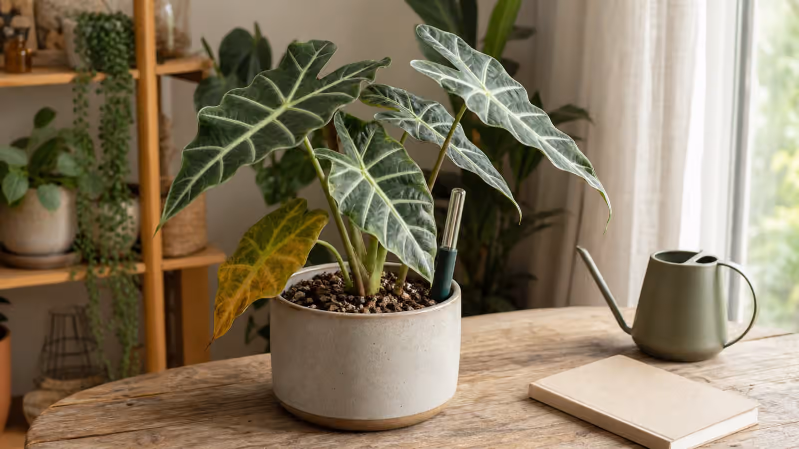 An alocasia with arrow-shaped leaves in bright filtered indoor light beside a watering can and notebook.