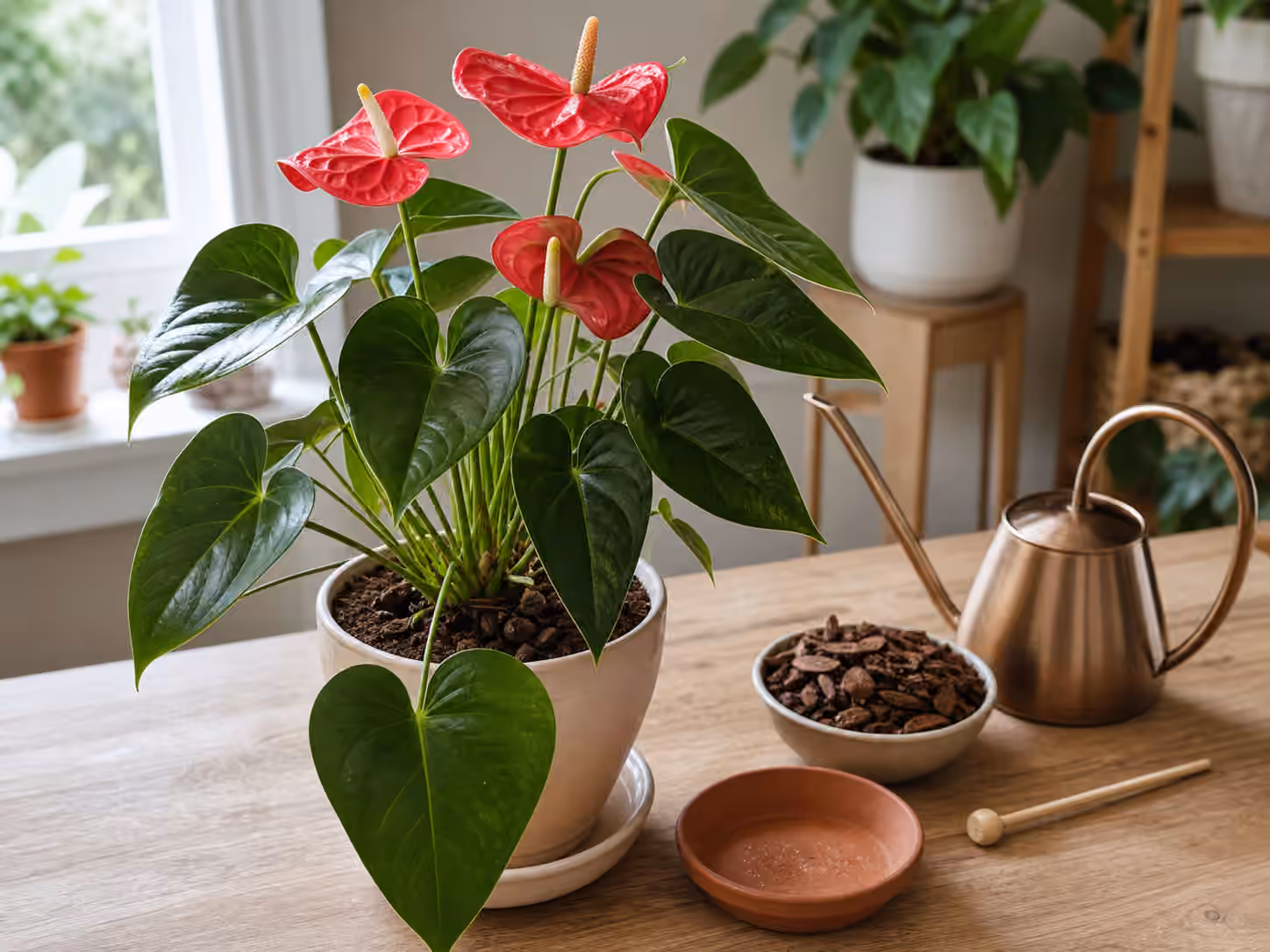 A blooming anthurium beside barky potting mix, a watering can, drainage saucer, and moisture skewer.
