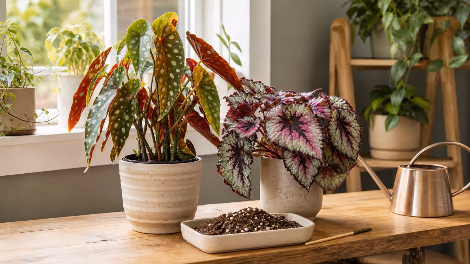 Cane and rex begonias in bright filtered indoor light beside airy potting mix and a watering can.