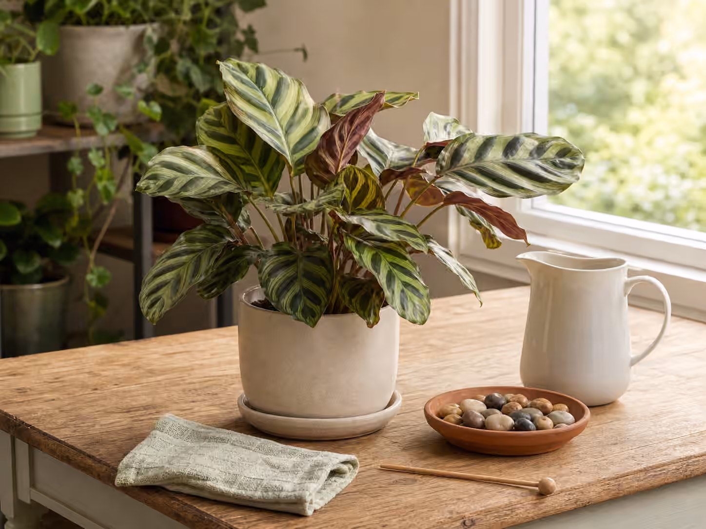 A patterned calathea plant near bright indirect light with a water pitcher, pebble tray, cloth, and moisture gauge.