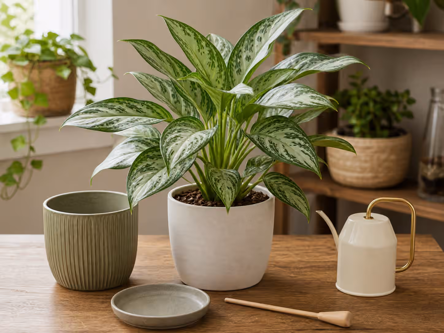 A Chinese evergreen with broad variegated leaves beside a cachepot, drainage saucer, watering can, and moisture skewer.