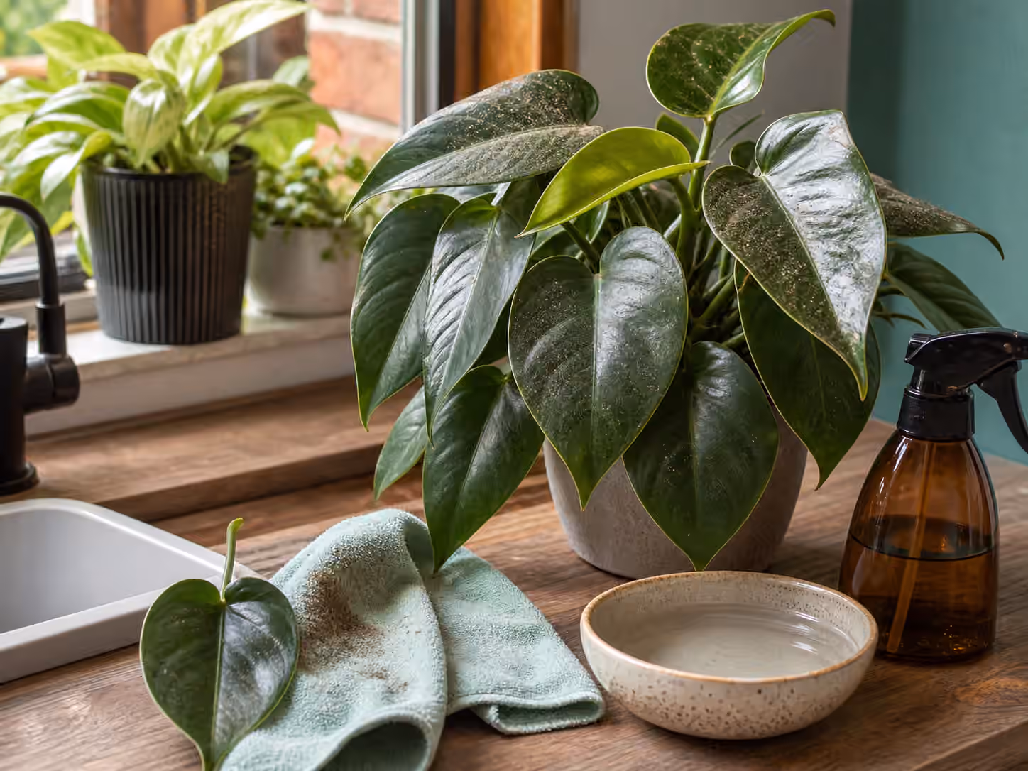 Broad houseplant leaves near a sink with a soft cloth, water bowl, and spray bottle.