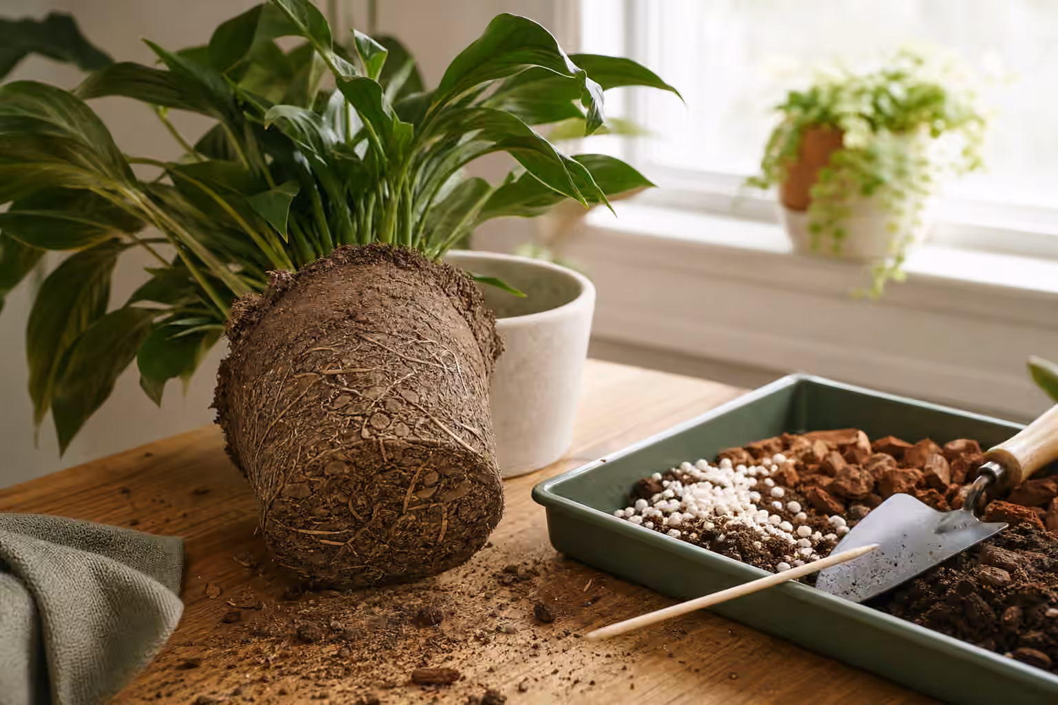 A dry compacted houseplant rootball beside fresh airy potting mix and a wooden skewer.