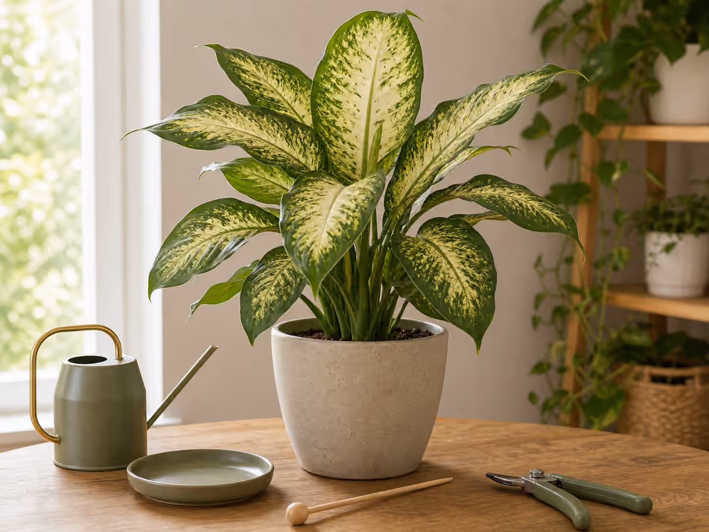 A dieffenbachia with broad variegated leaves beside a watering can, drainage saucer, moisture skewer, and clean pruning shears.