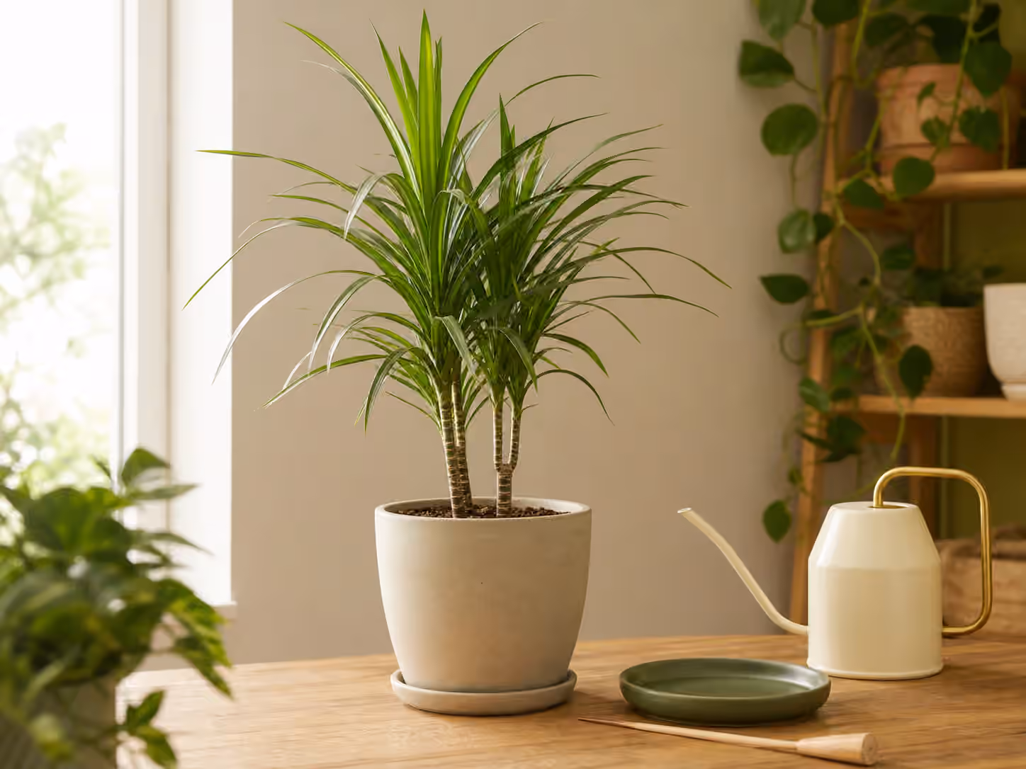 A potted dracaena with arching leaves beside a watering can, drainage saucer, and wooden moisture skewer.