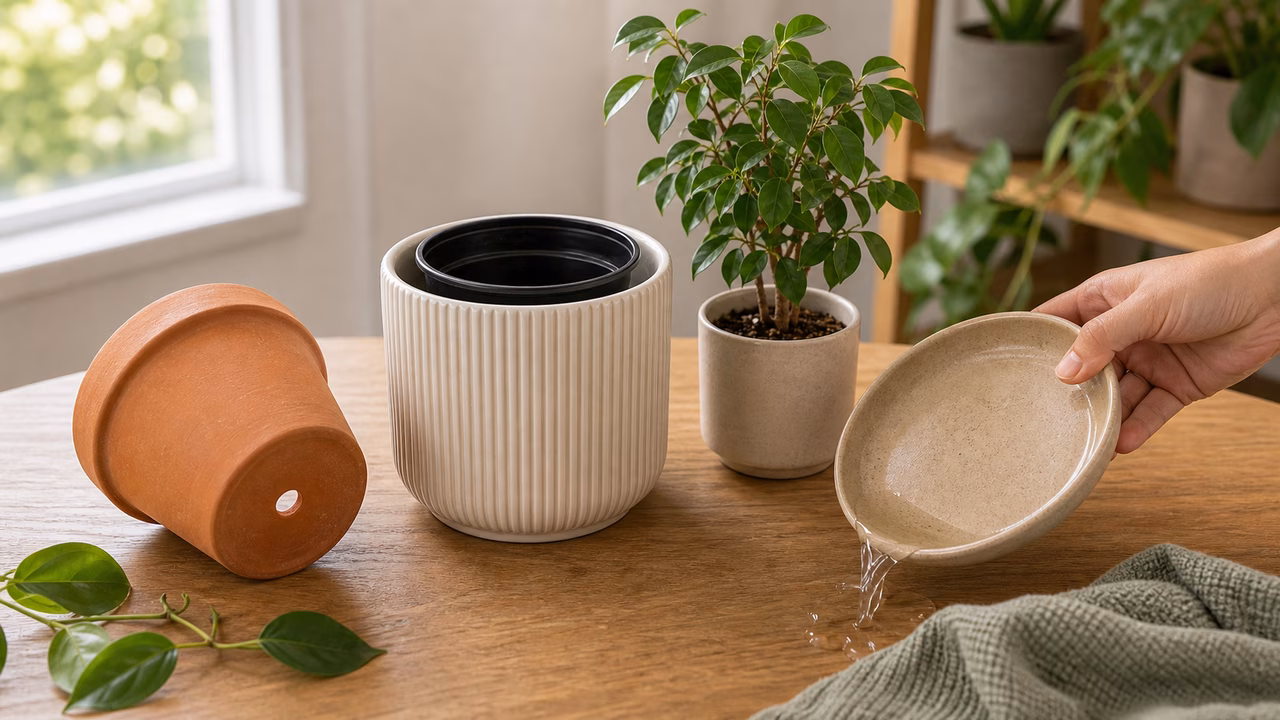 A practical indoor plant care setup for drainage holes and cachepots explained.