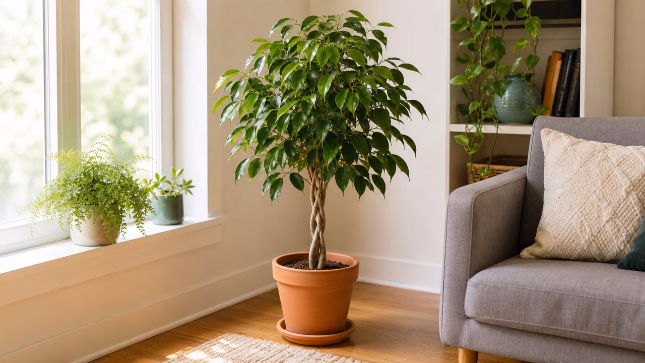 A small ficus near a bright window with a few fallen leaves gathered for inspection.