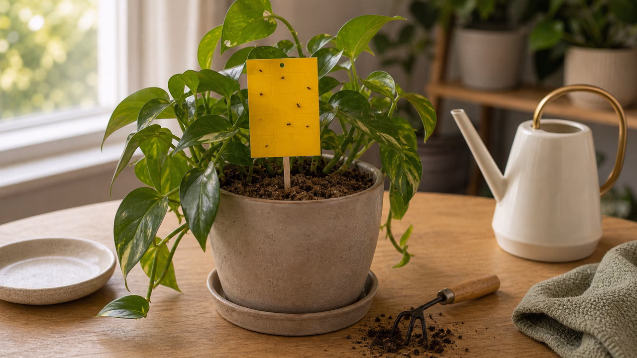 A houseplant pot with a yellow sticky trap used for fungus gnat monitoring.
