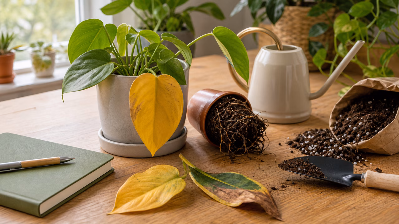 A beginner houseplant diagnostic table with sample leaves, roots, watering can, potting mix, and notebook