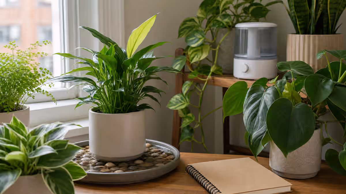 Grouped houseplants near a window with a pebble tray and a plain humidifier.